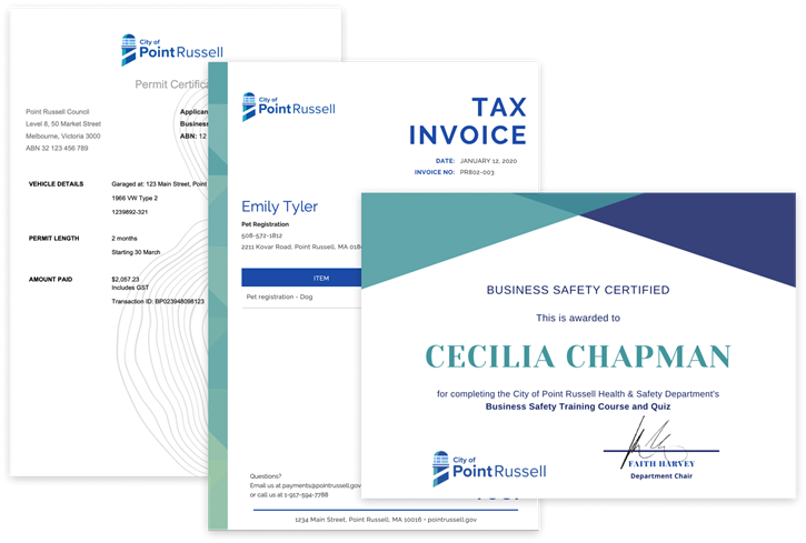 Three samples of custom documents with Point Russell branding