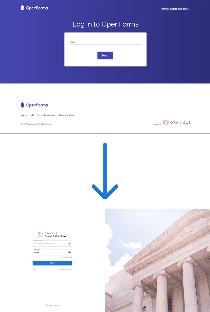 Screenshots showing the old and new login page designs for the Forms & Workflow admin site