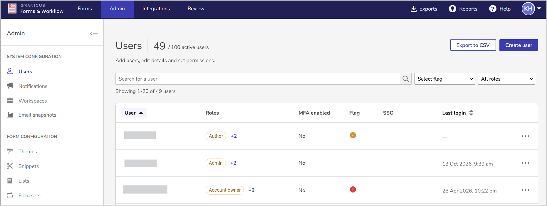 The user management screen shows a table of the users and some details