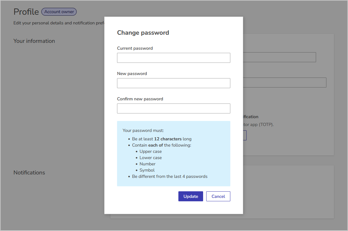 password validation rules in the change password screen