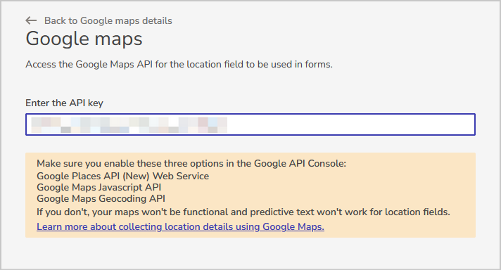 google maps api key field