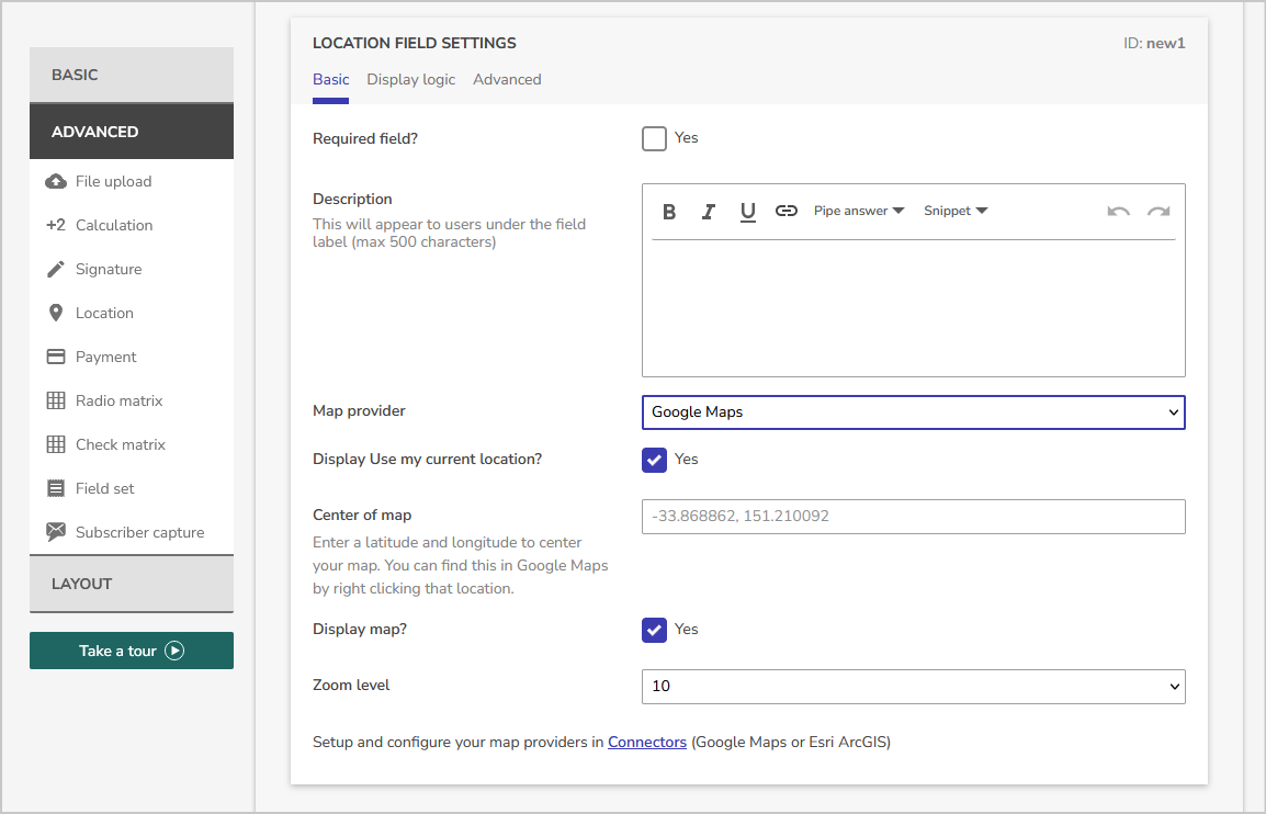 location field settings with google map provider