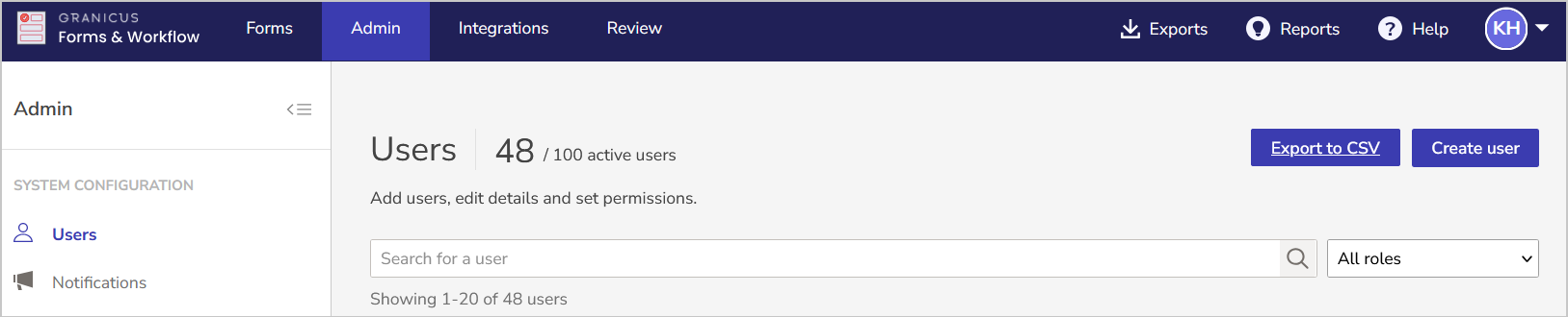 export users button in the admin area