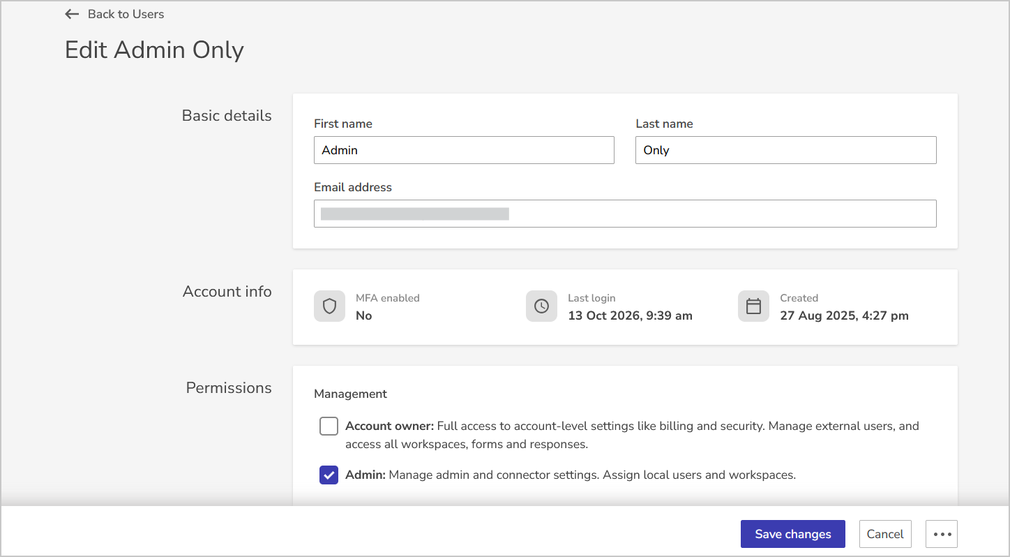 The edit user details screen
