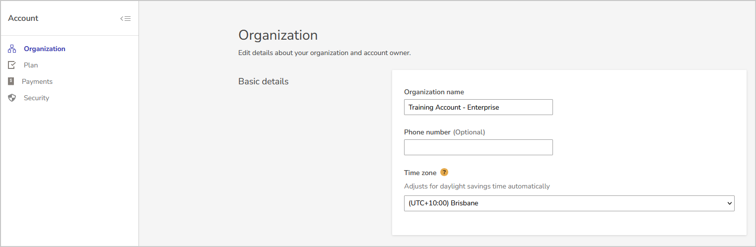 Organization basic details options