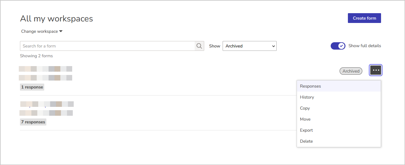 archived forms menu options