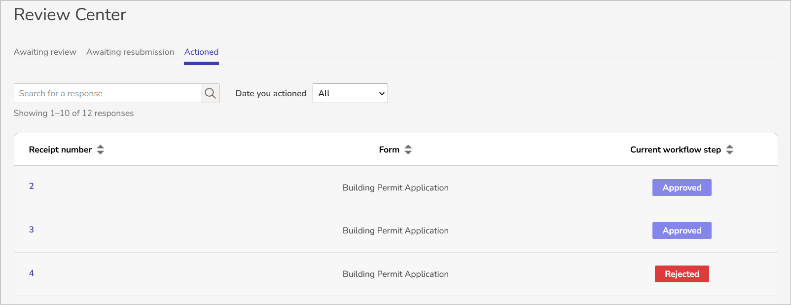 actioned tab with responses