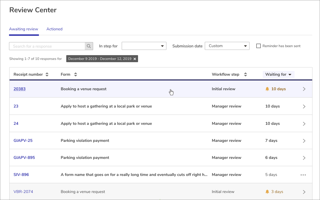 awaiting review tab with responses