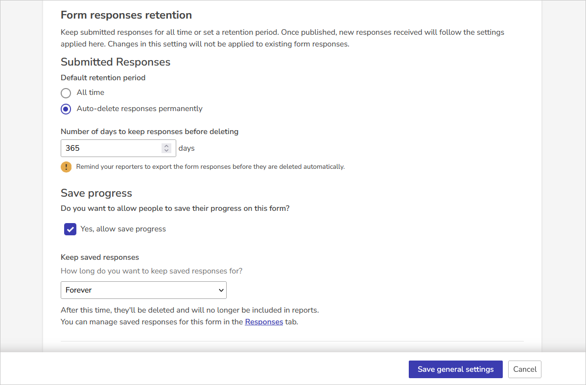 The form retention setting is in the general settings