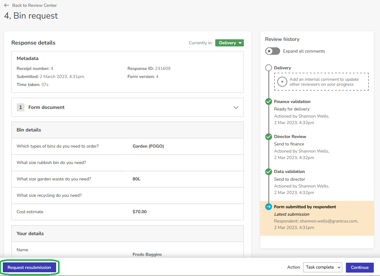 Workflow - history tab showing initial submission and request changes button highlighted in action bar
