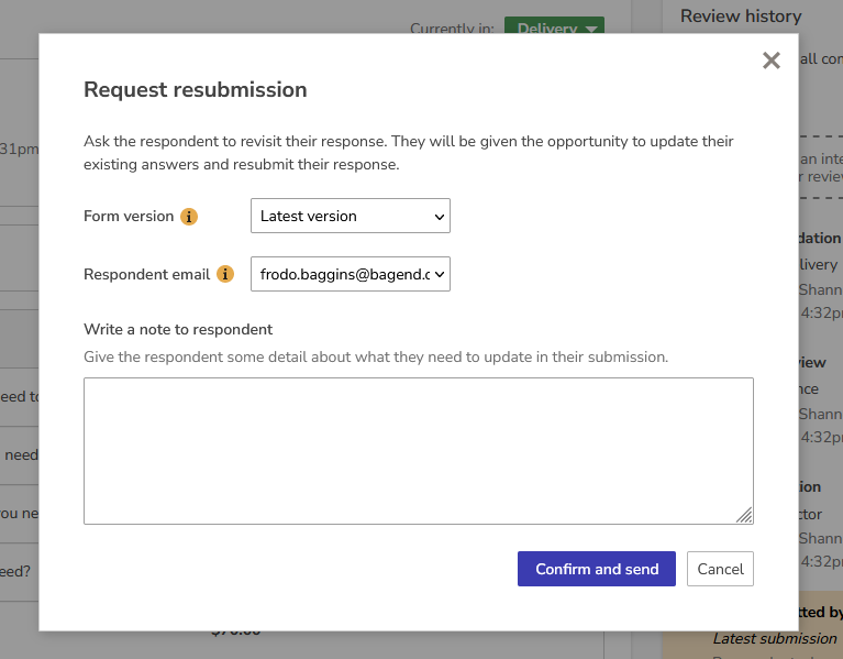 Workflow - request resubmission modal