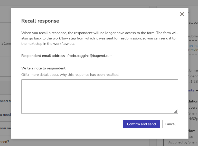 Workflow - review center - recall response modal