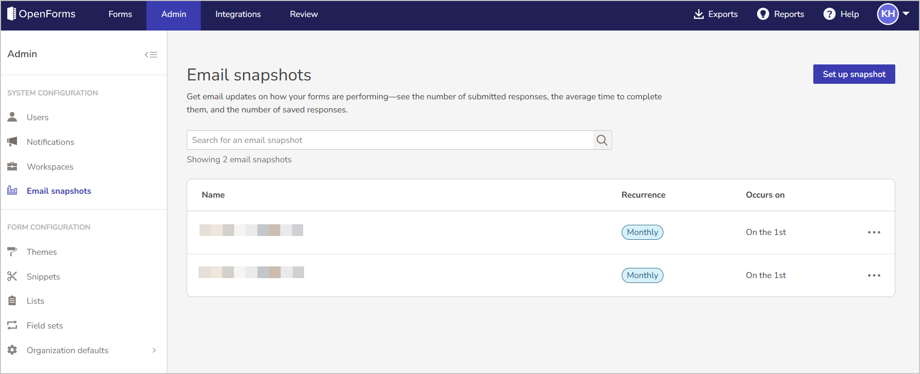email snapshot list in admin
