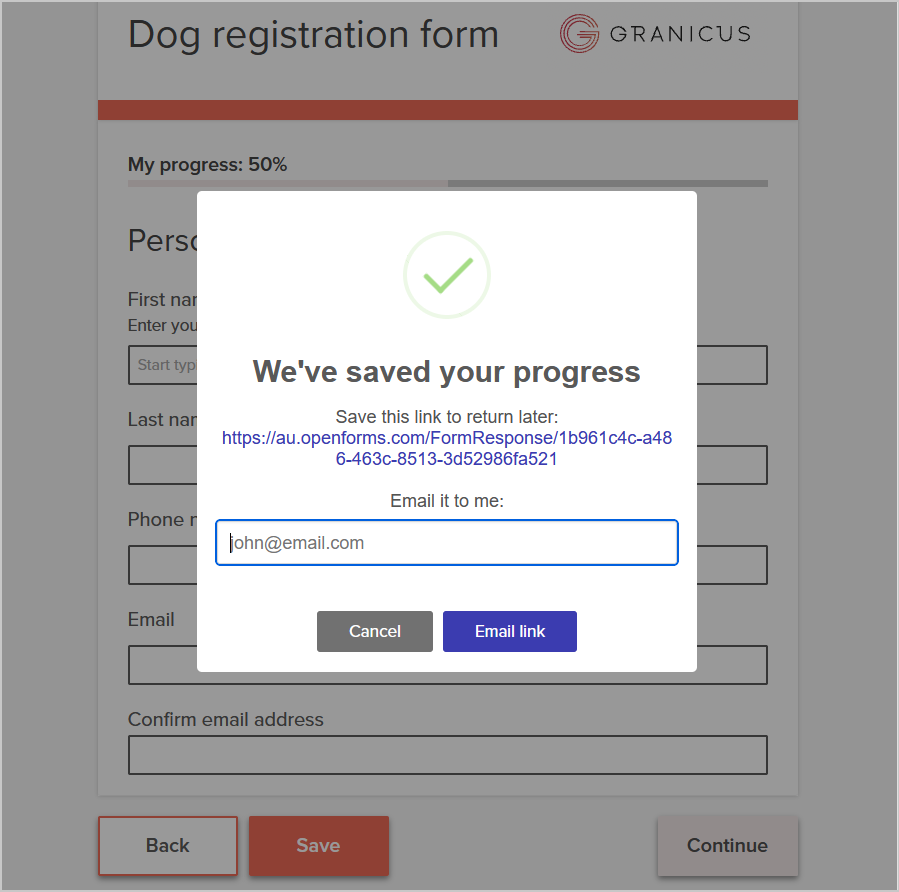 the saved form pop-up window with email link field