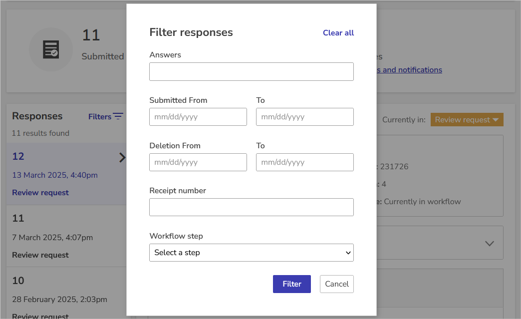 the filter responses pop-up menu