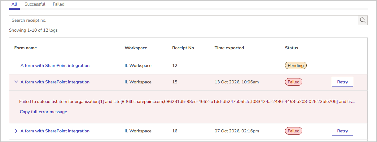 an expanded export error showing the full error message