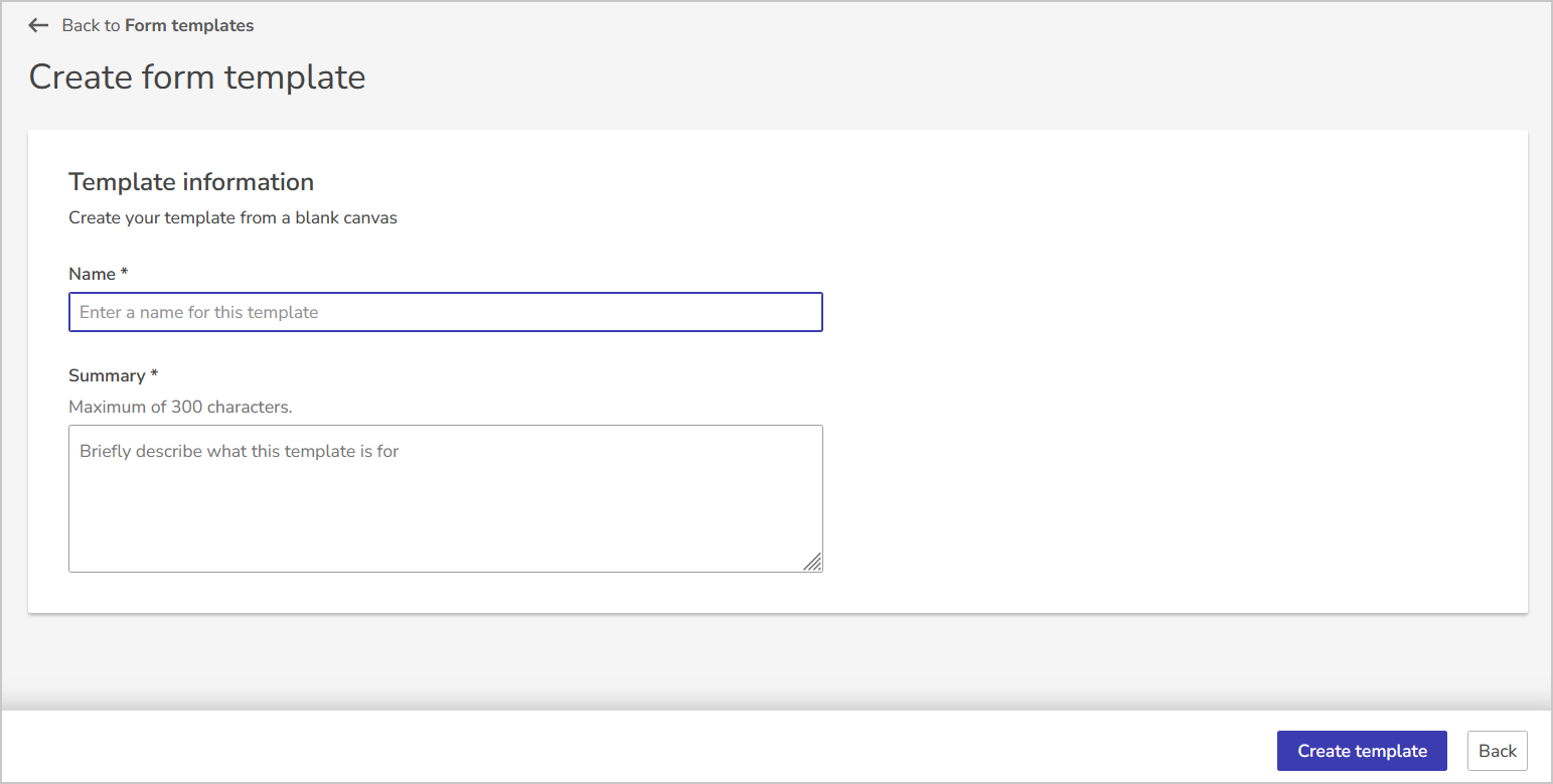 use the name and summary field before selecting the create template button in the bottom right corner