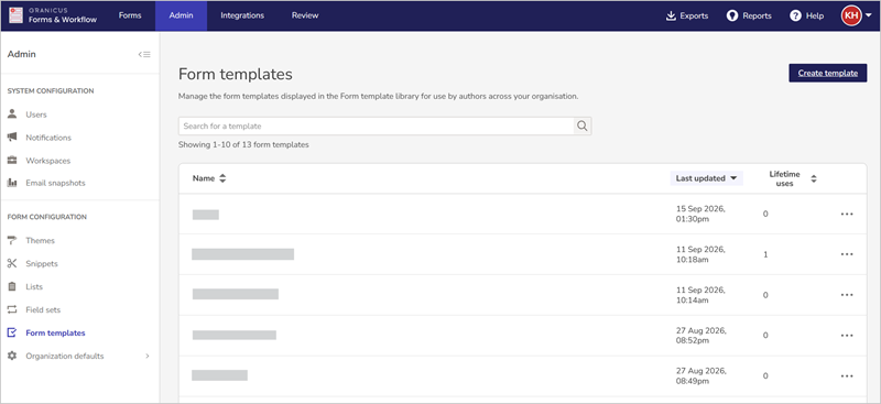 The create template button in the top-right of the form templates screen
