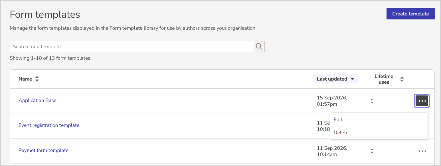 the actions menu in the templates list is three dots