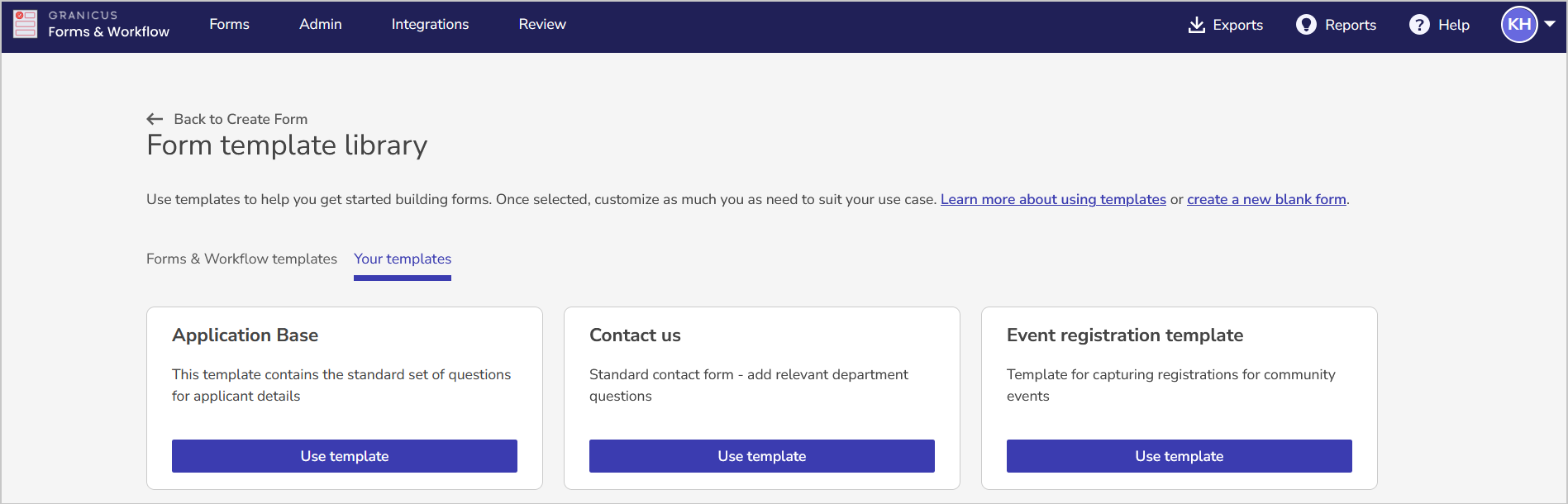 The list of templates in the Your Templates tab