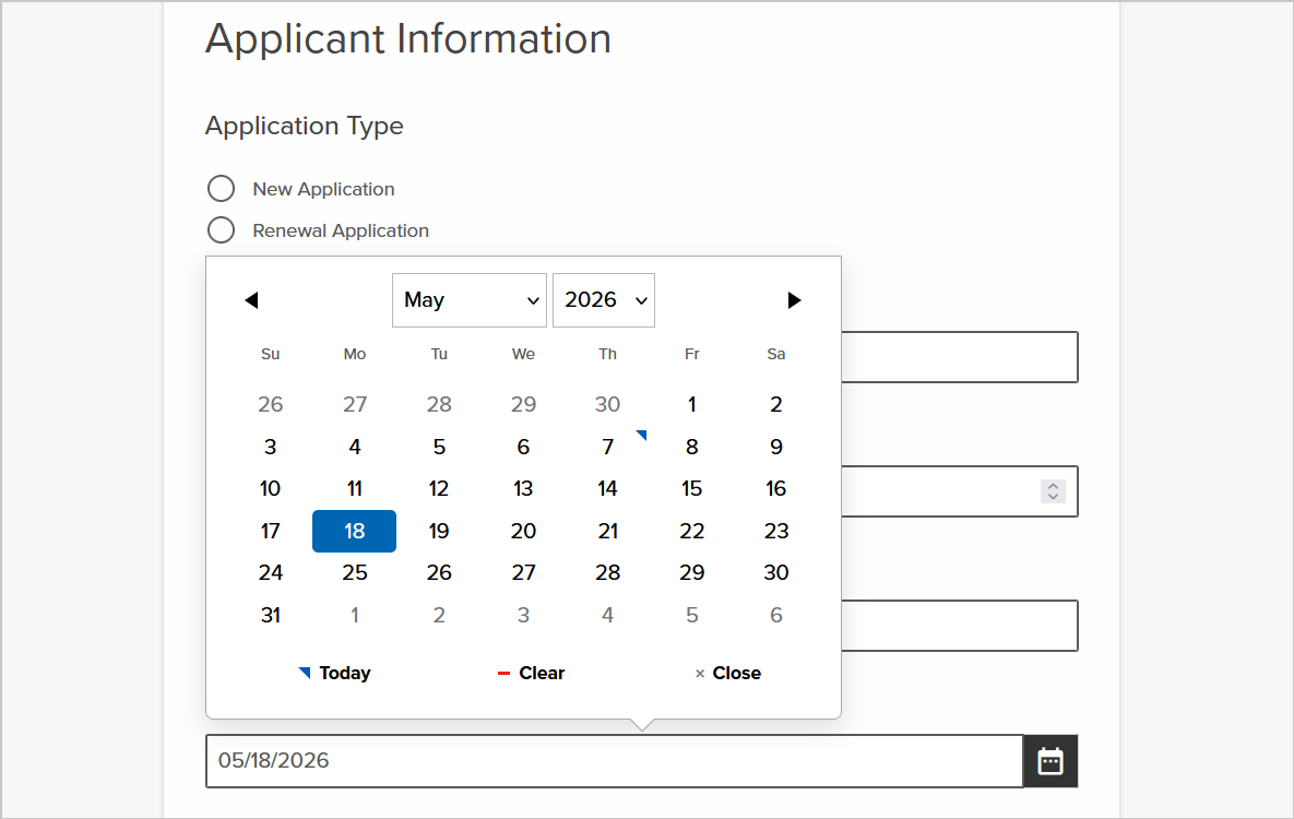the date field presents a calendar
