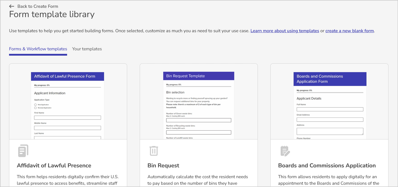 the forms & workflows templates tab