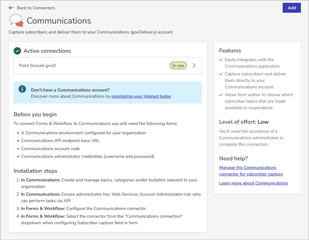Add Communications connection button in the connector configuration screen