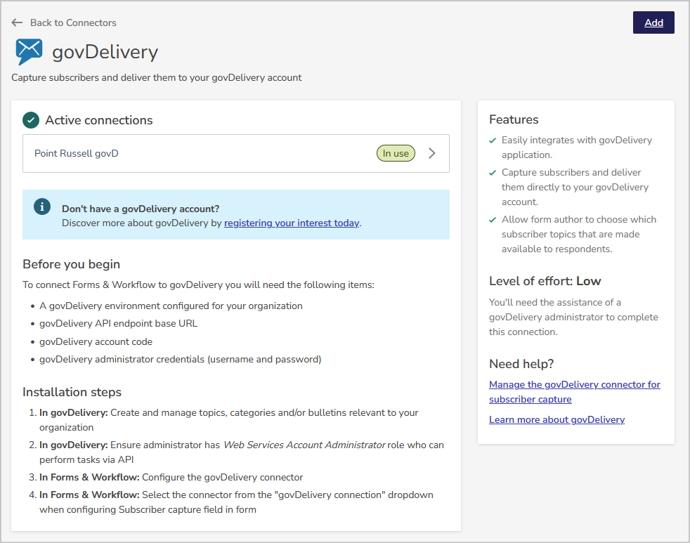 add a new connection to gov delivery