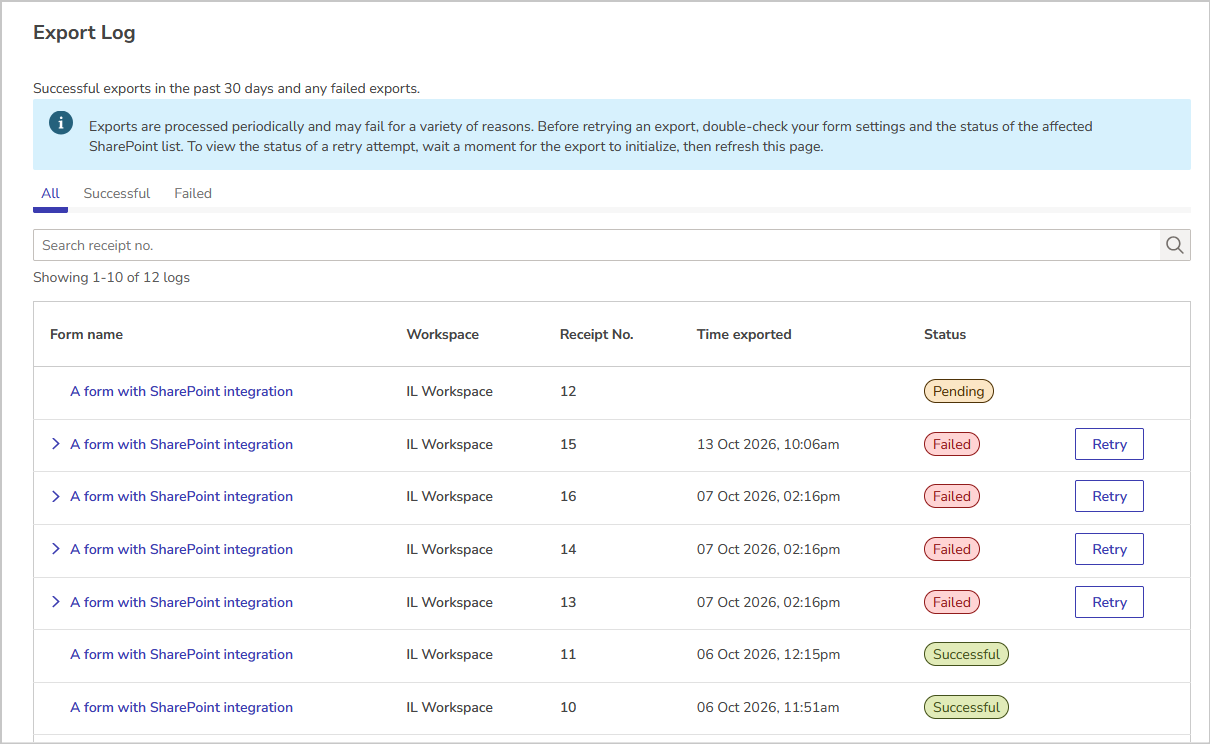 The export log showing a pending, failed, and successful export
