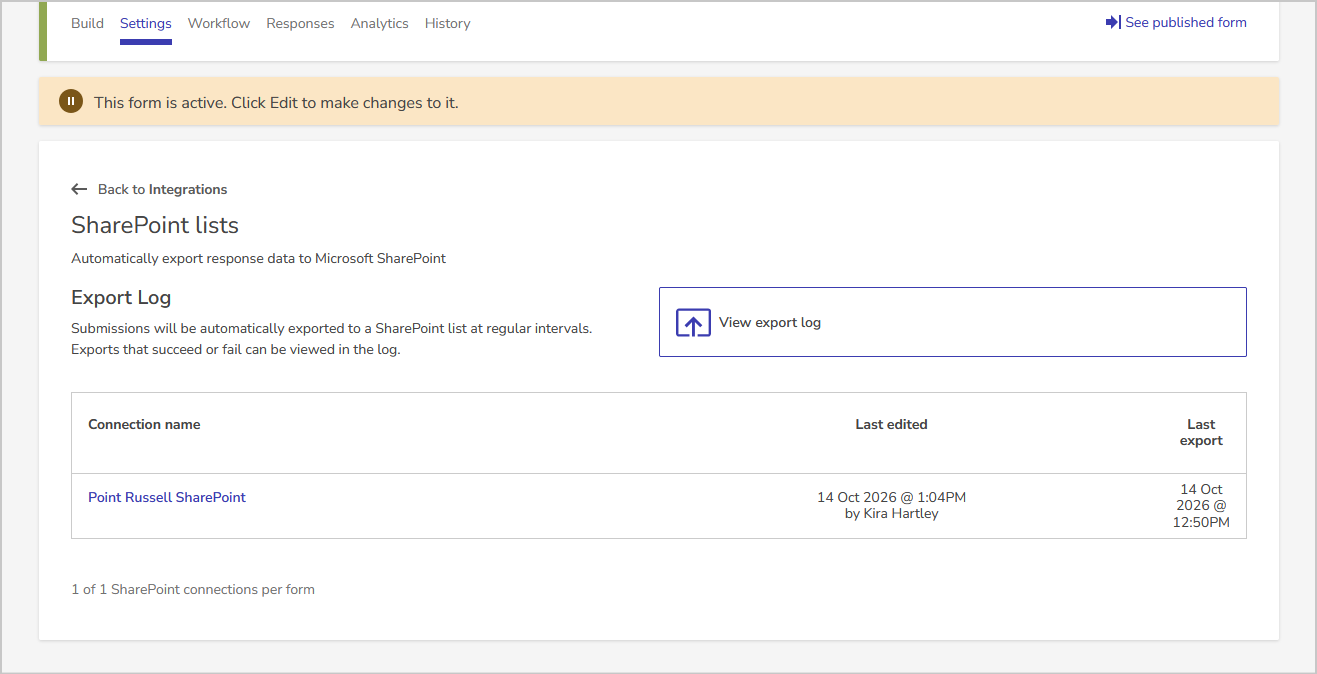 the view export log button in the share point list settings