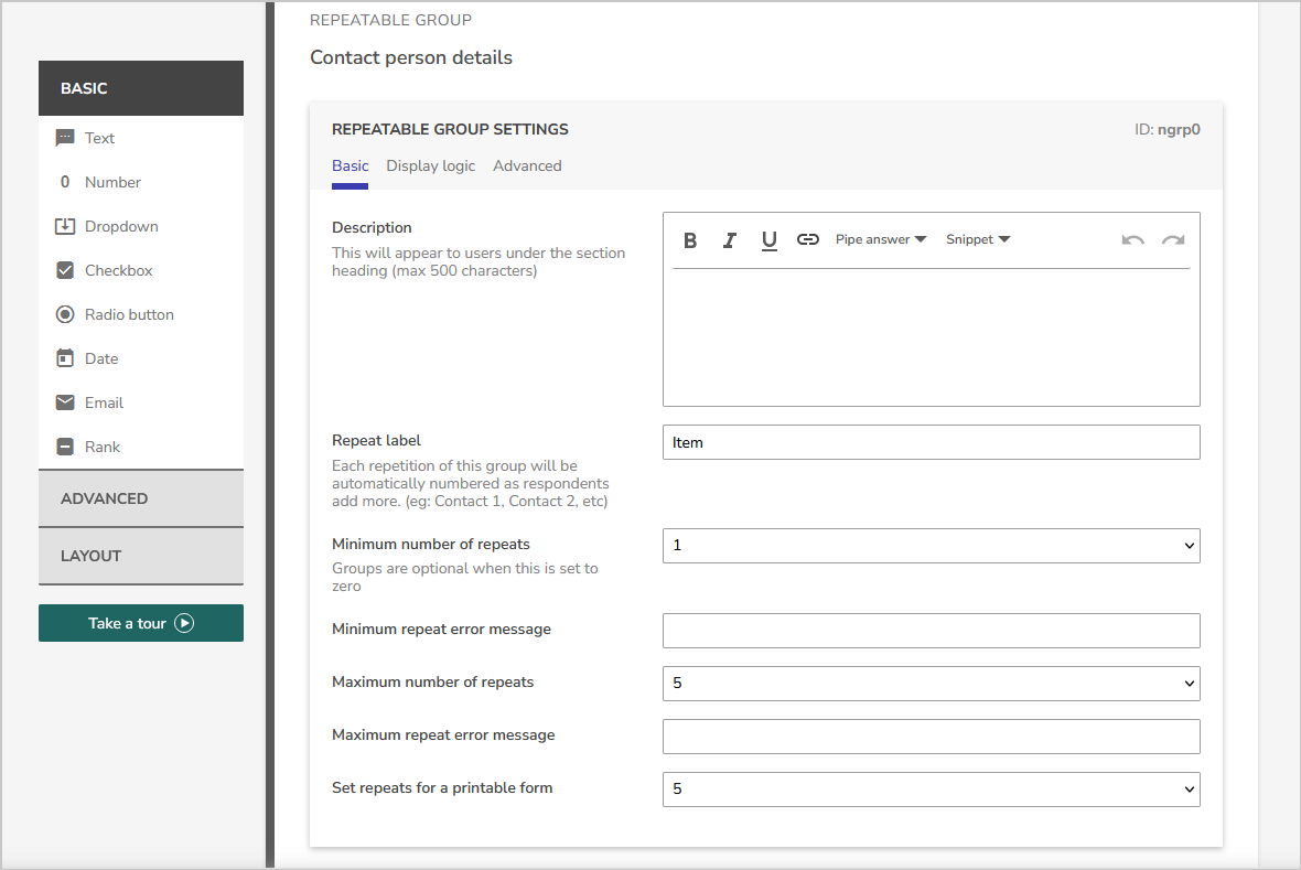 repeatable group settings