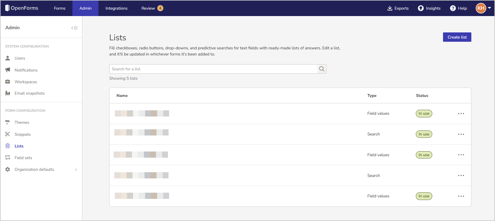 create list button in admin area