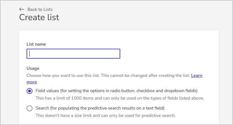 list name and usage fields