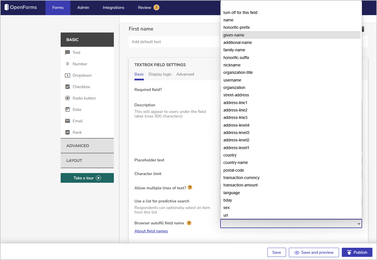 browser autofill for first name