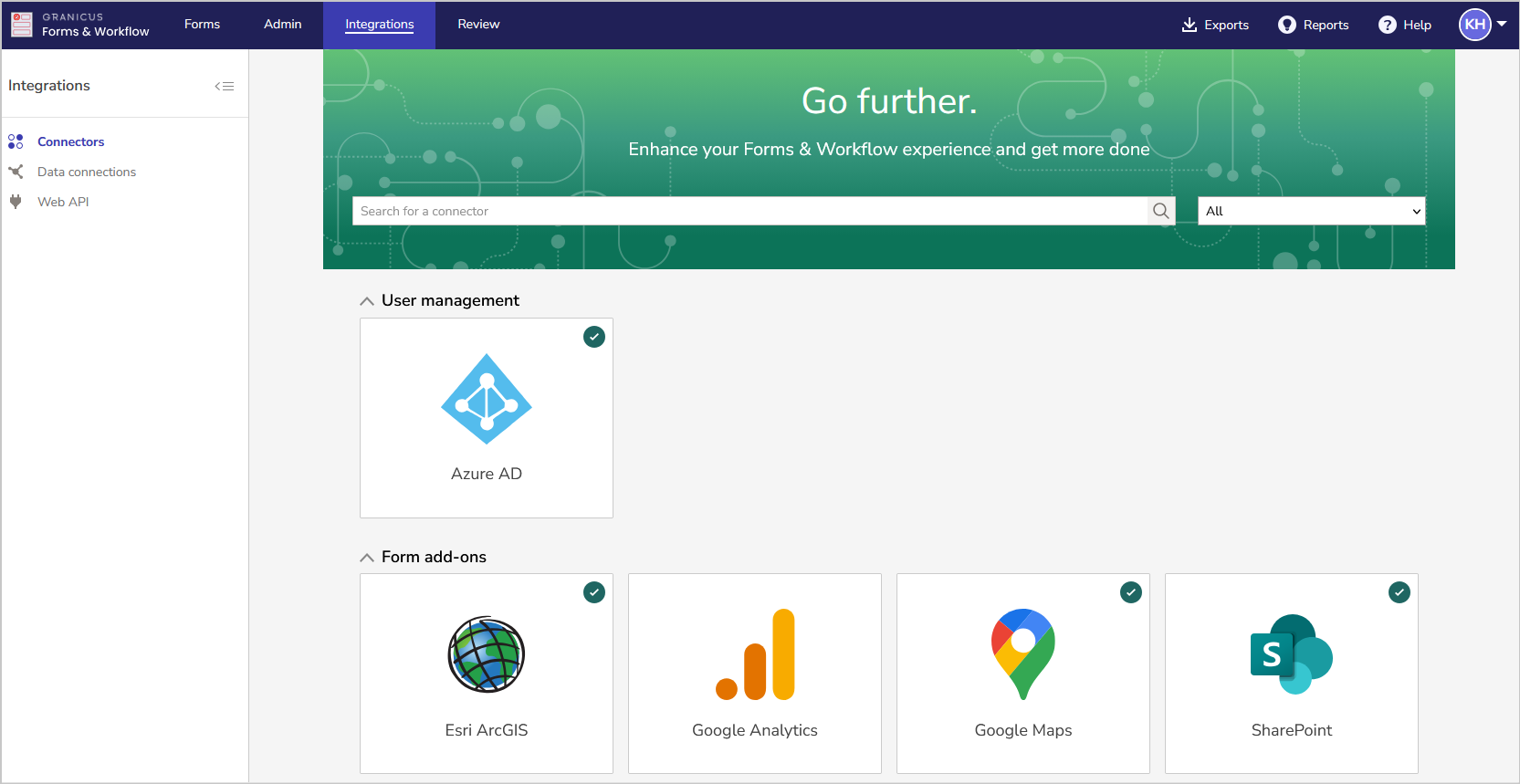Integrations screen in admin