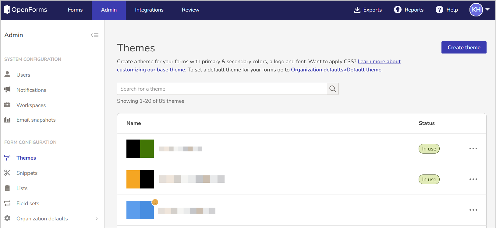 create theme in admin