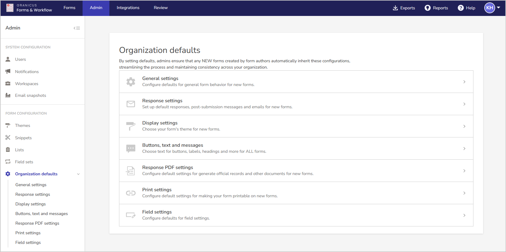 organization defaults in menu