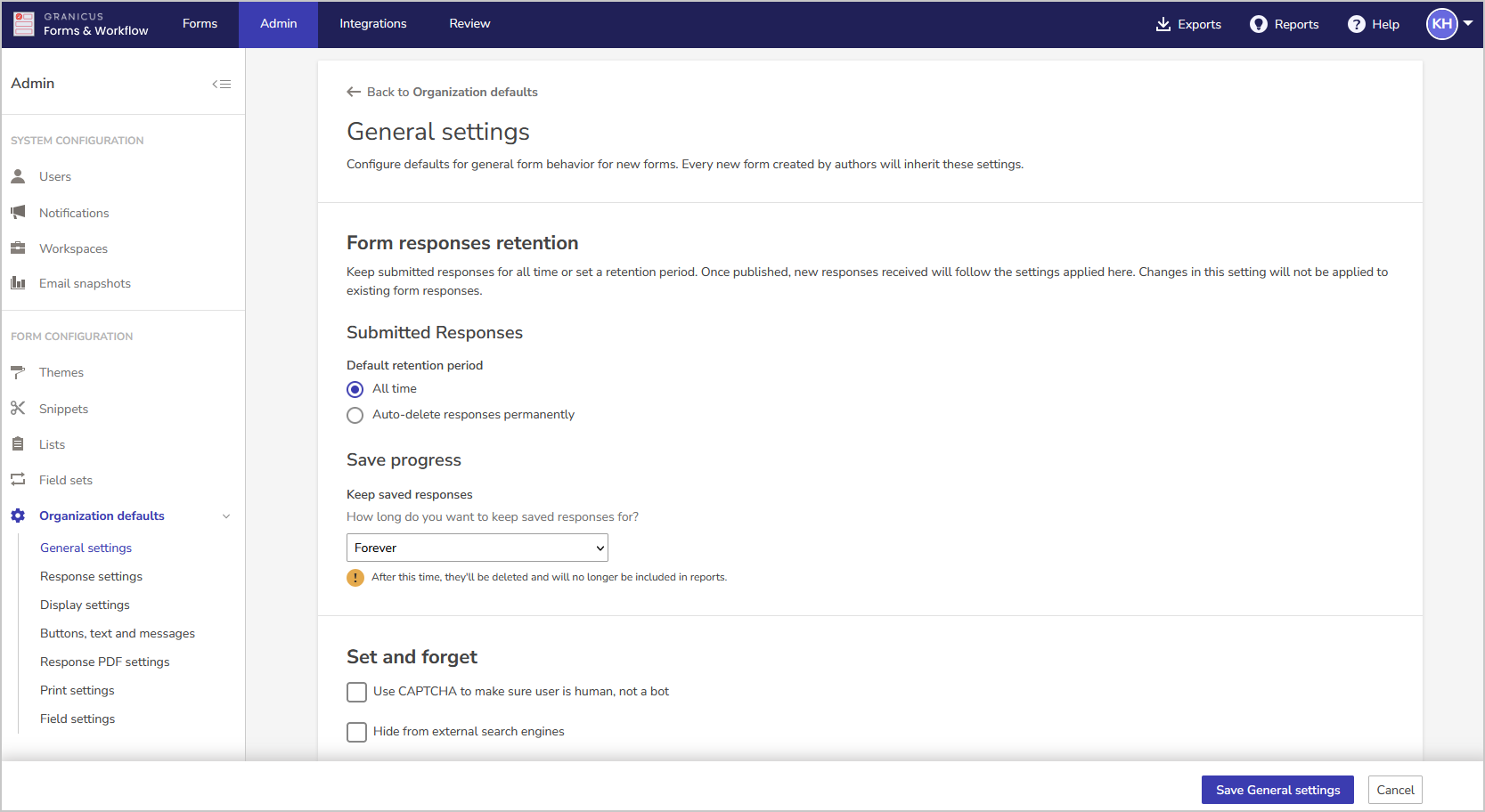 save general settings in organization defaults