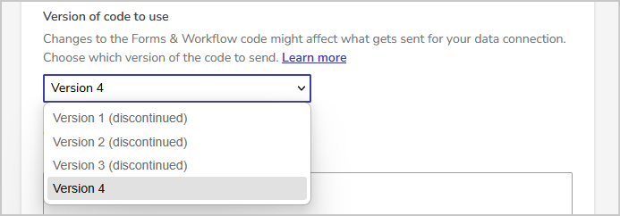 version of code for data connection