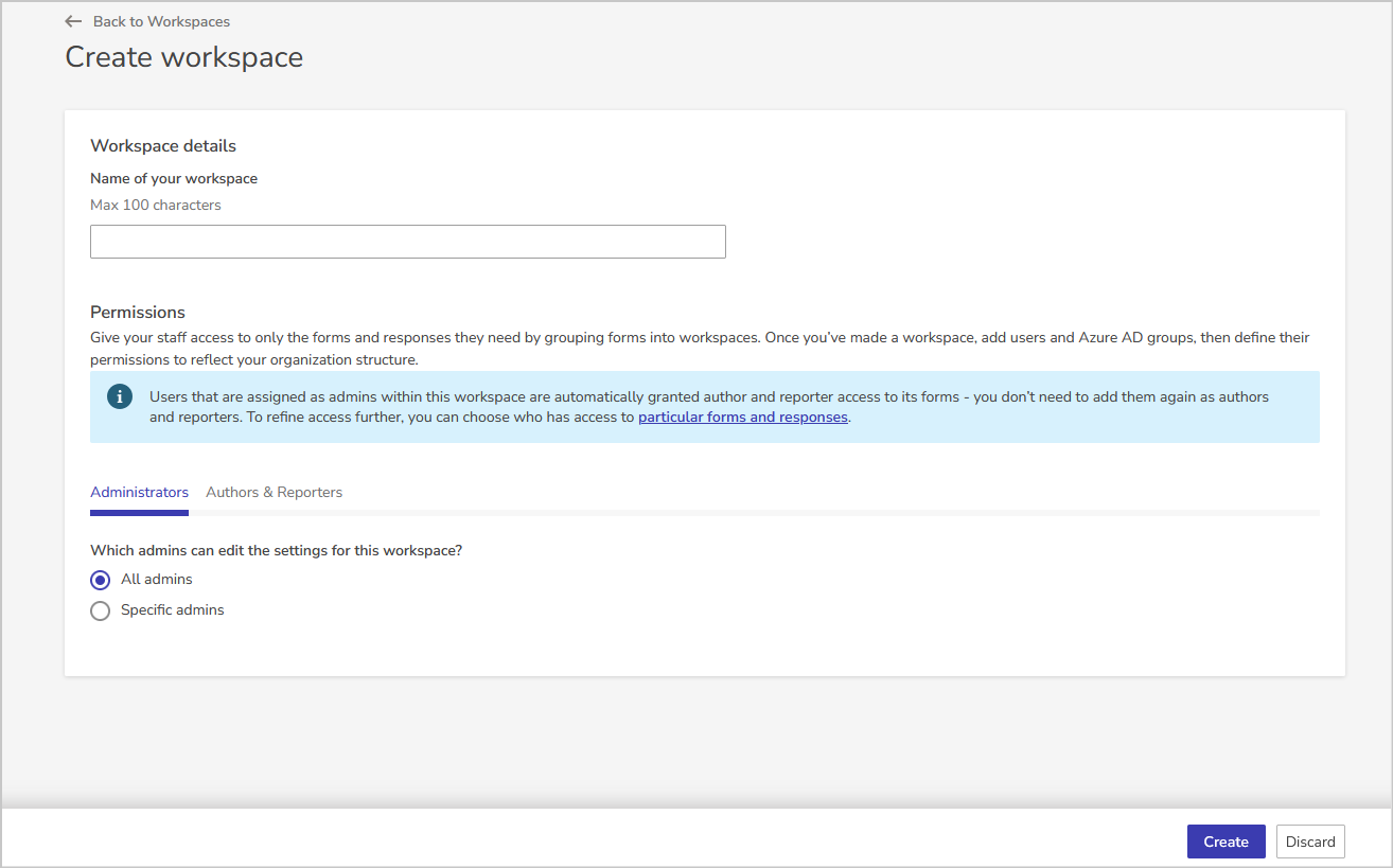 the create workspace screen include the name field and permissions tabs