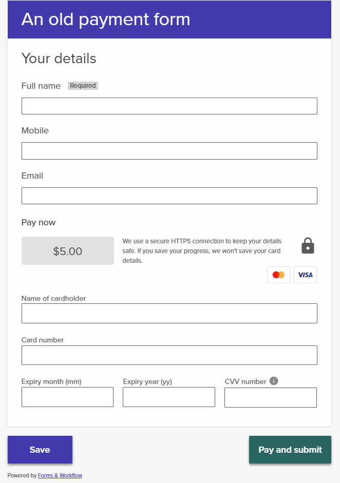 Legacy payment field embedded in form