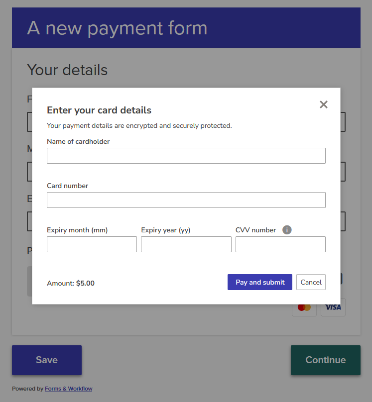 the new payment field open in a new window
