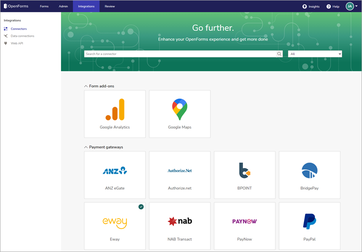 Screenshot of the new Connectors library, a filterable list of in-built integrations available in OpenForms