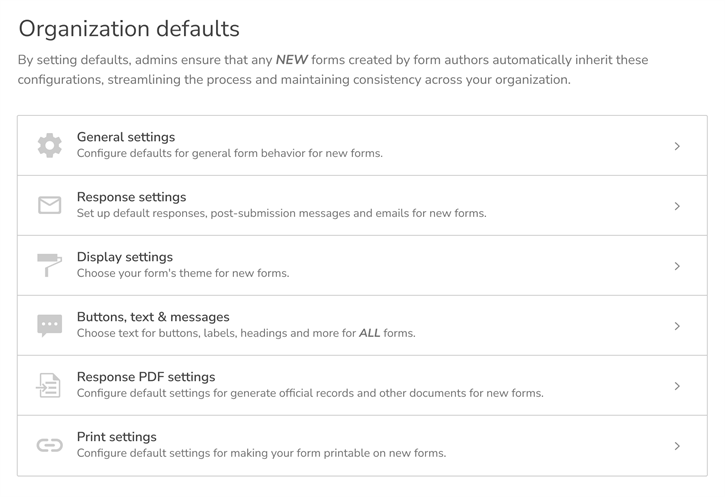 Screenshot showing the list of sections in the new Organization Defaults area of OpenForms Admin interface