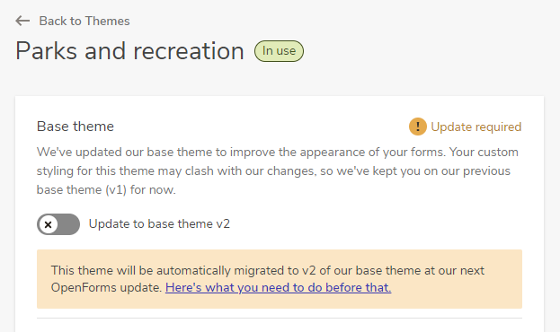 Screenshot example of the theme admin screen for a theme that needs to be updated from version 1 to version 2