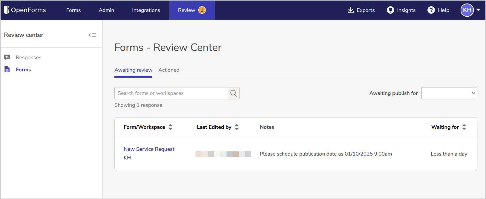 forms awaiting review in the review center