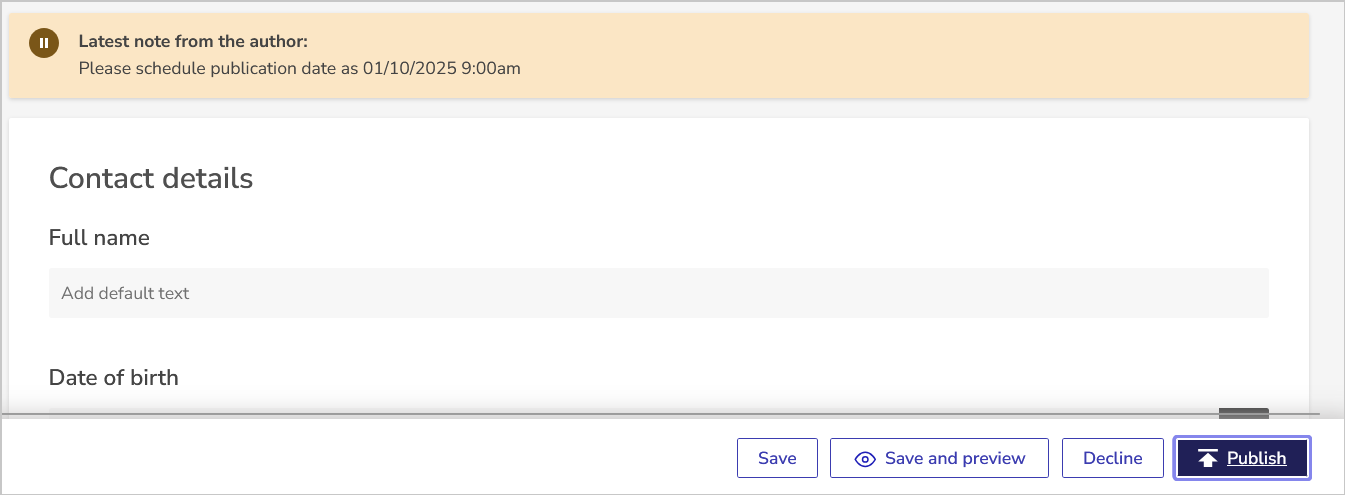 publish or decline buttons