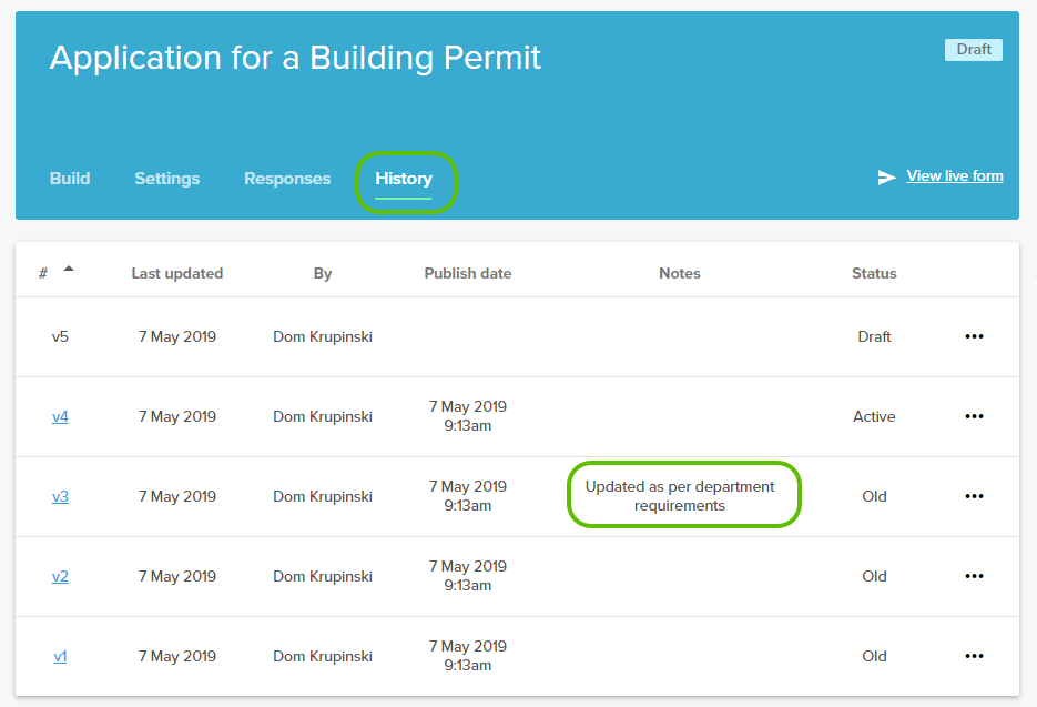 Form history with note selected