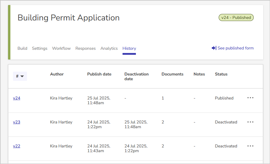 history tab of a form